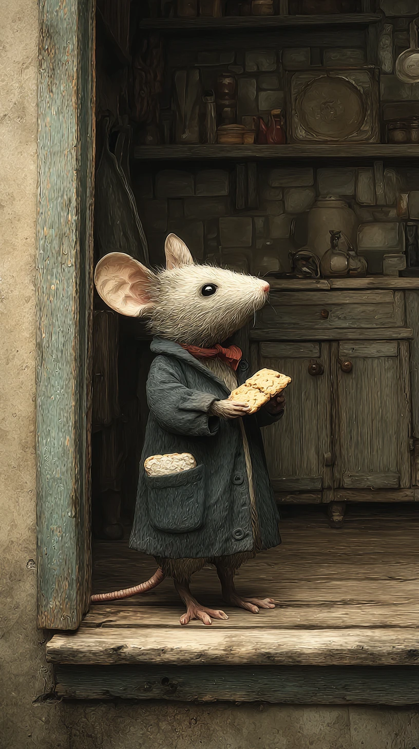 Ratinho fofo roubando biscoito na mesa de madeira