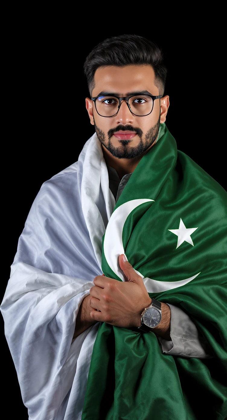 Fiero uomo pakistano con la bandiera nazionale in un ritratto drammatico