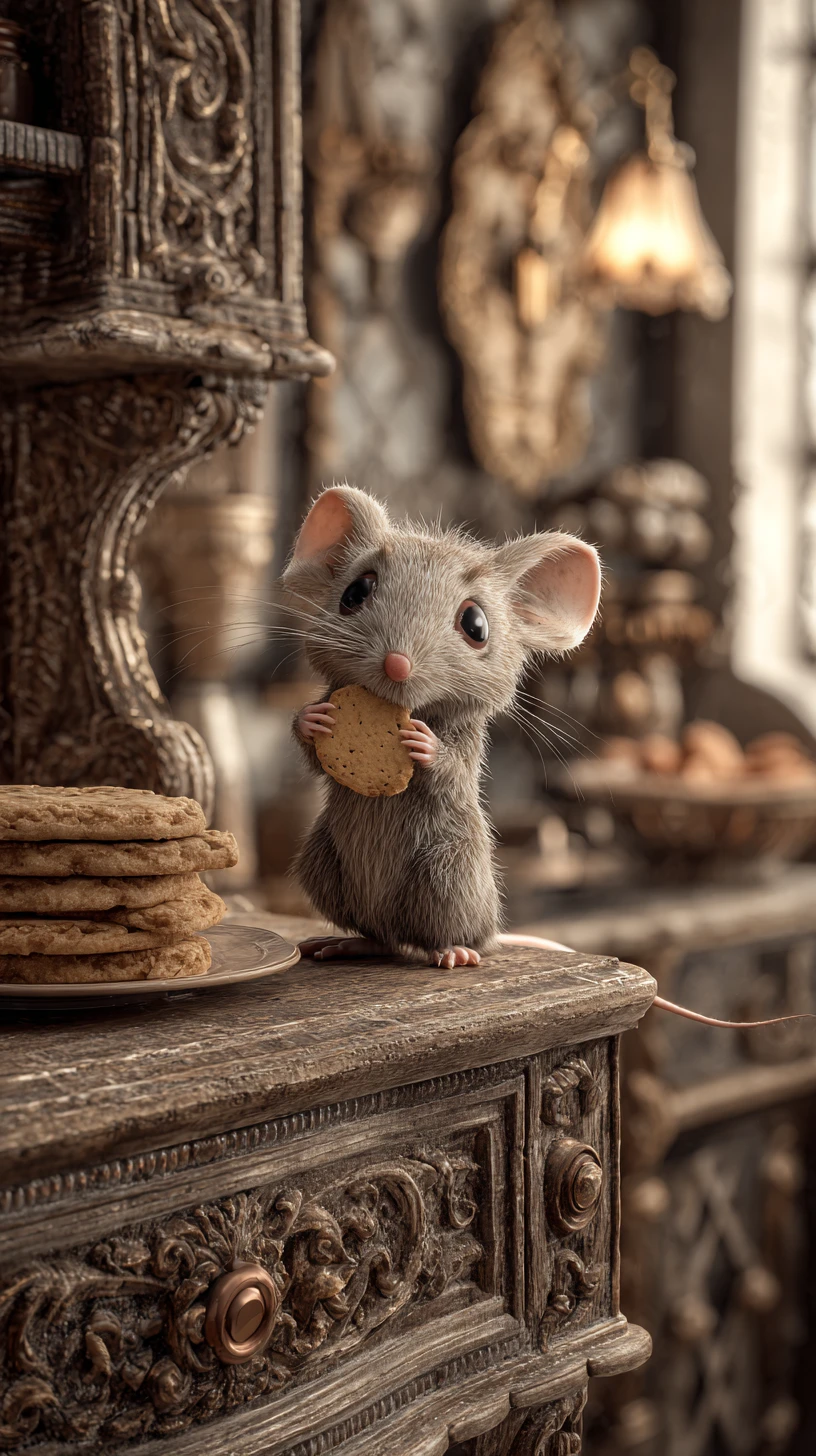 Rato fofo roubando uma migalha em uma cozinha vintage aconchegante