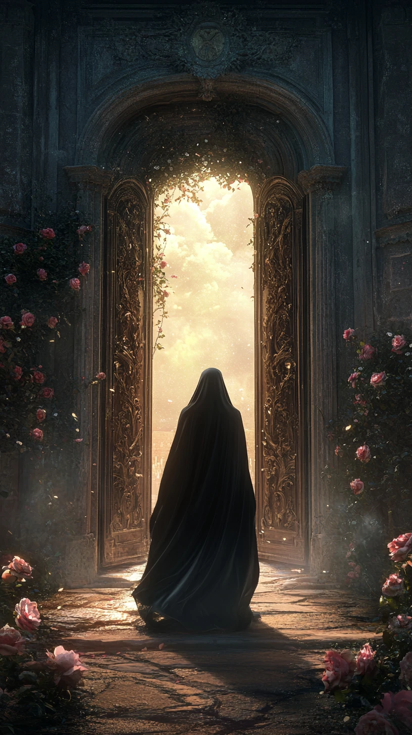 Woman in ethereal gown before glowing antique doors