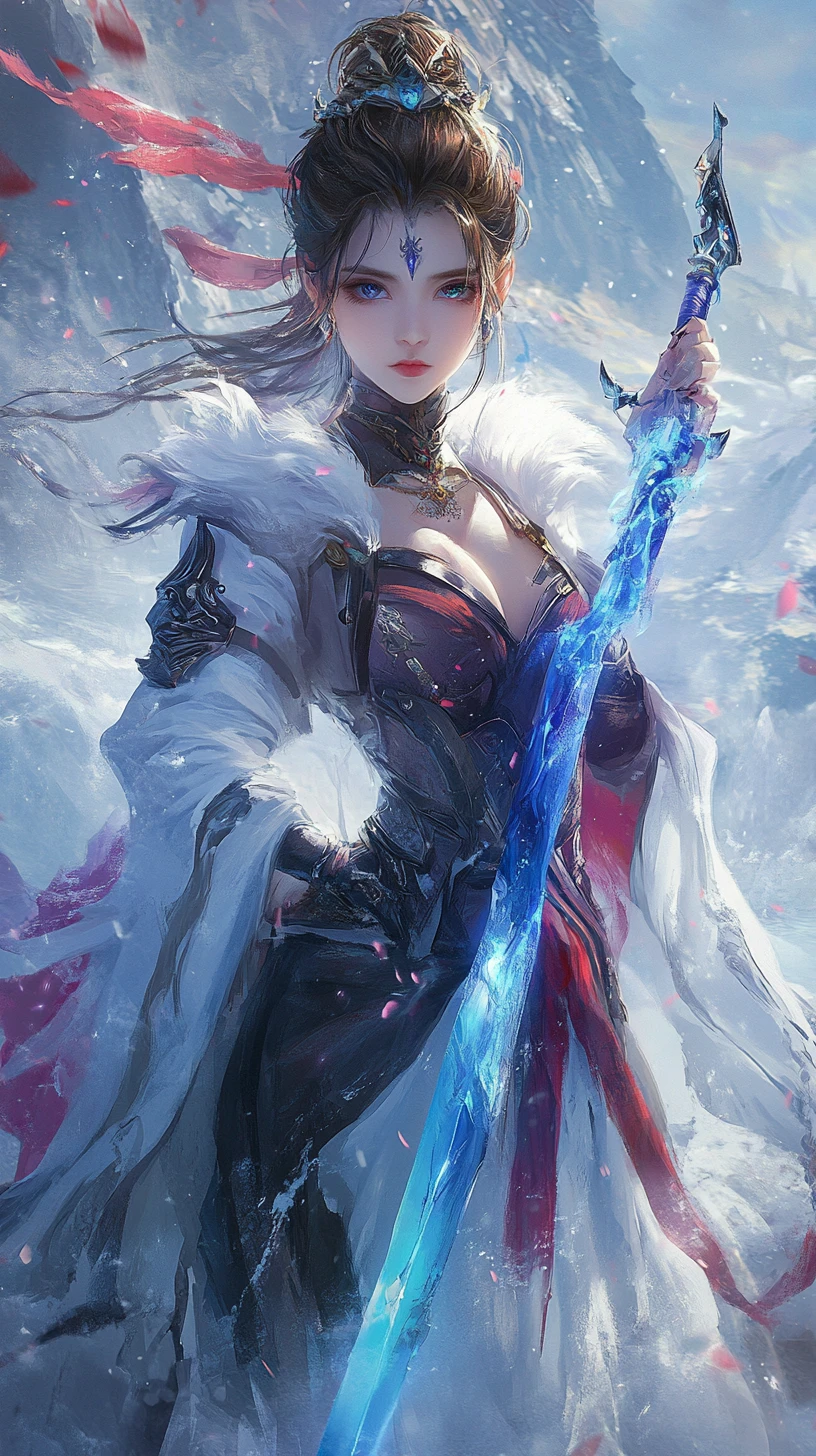 Garota de anime com tema de gelo em vestido escuro nevado