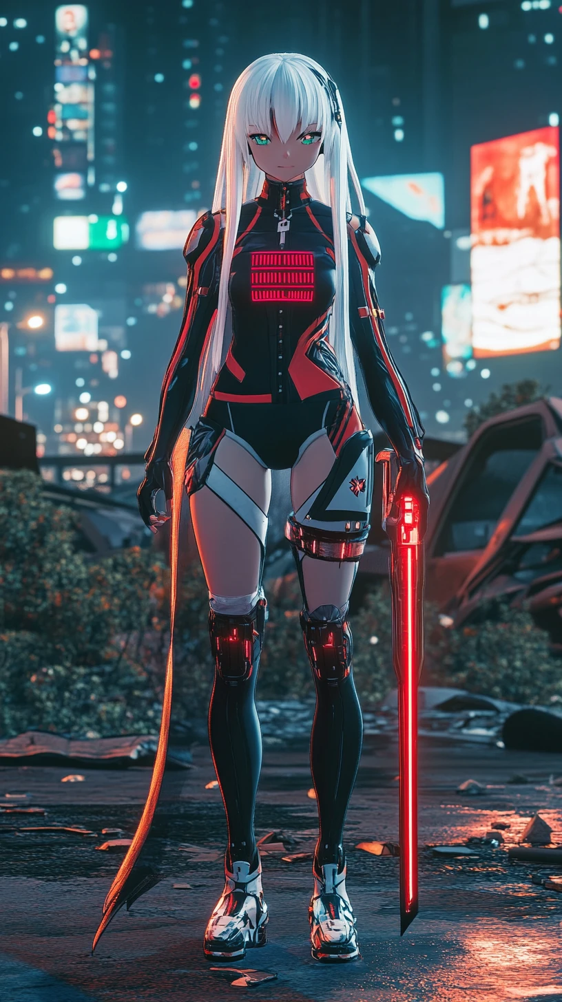 Garota de anime em armadura futurista com detalhes vermelhos brilhantes