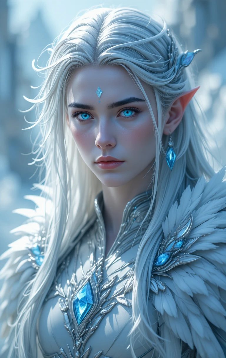 Guerrière valkyrie de glace d’anime aux cheveux argentés et aux ailes
