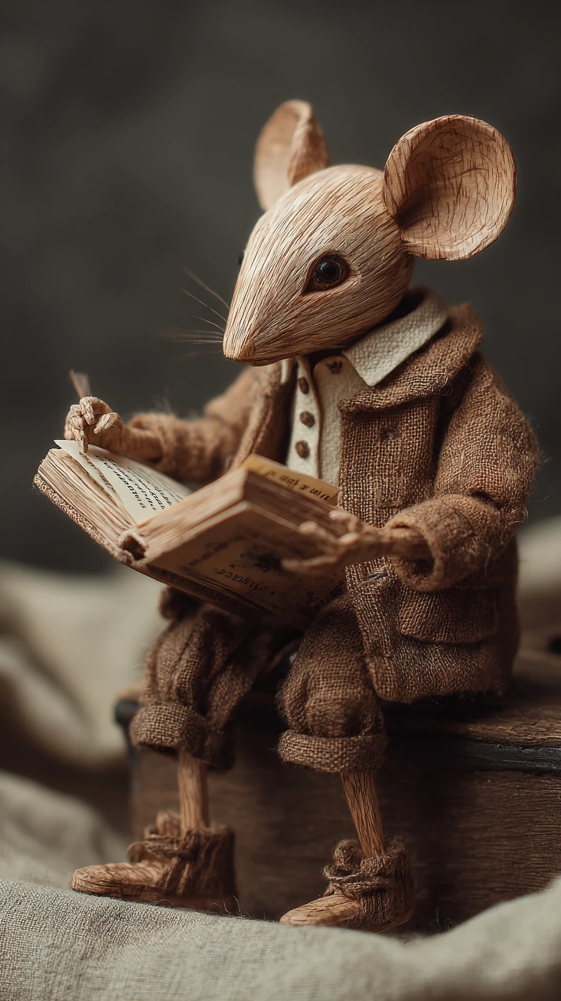 Topo di legno che prende vita mentre legge un libro