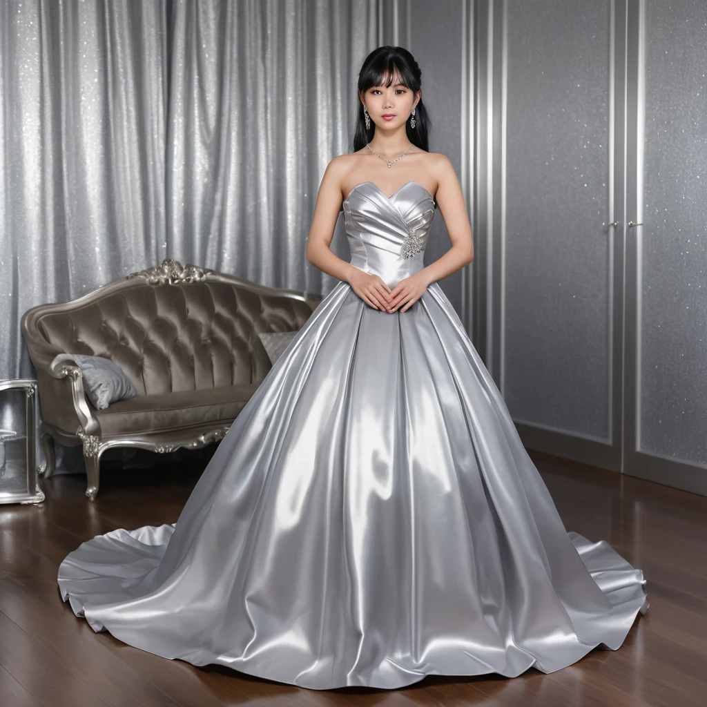 Jovem japonesa elegante em vestido de baile de cetim prateado