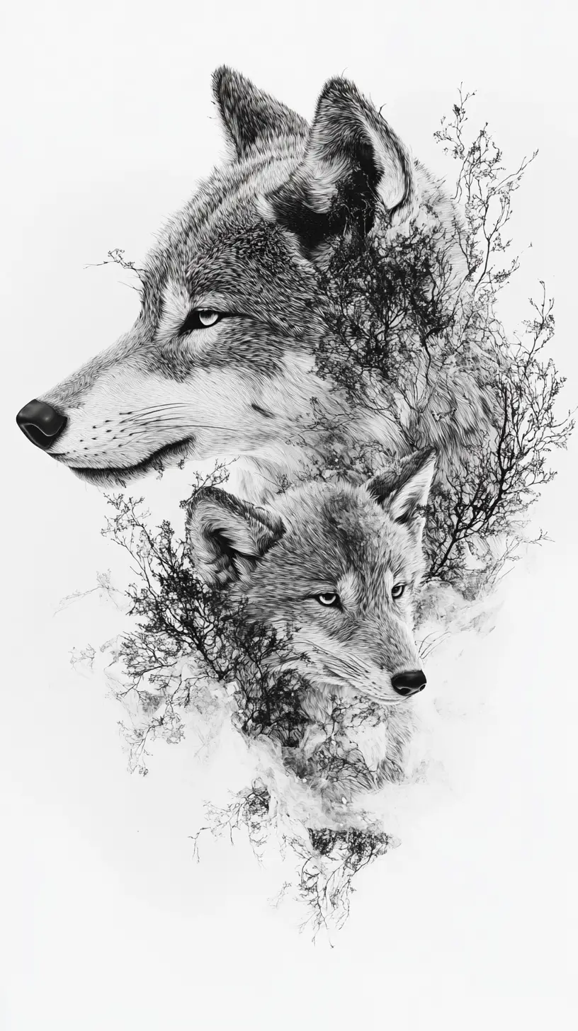 Lobo e Filhote Parcialmente se Dissolvendo em Partículas Compartilhadas
