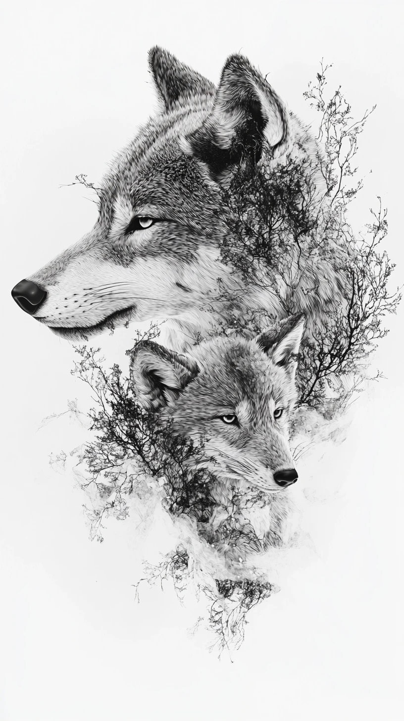 Lobo e Filhote Parcialmente se Dissolvendo em Partículas Compartilhadas