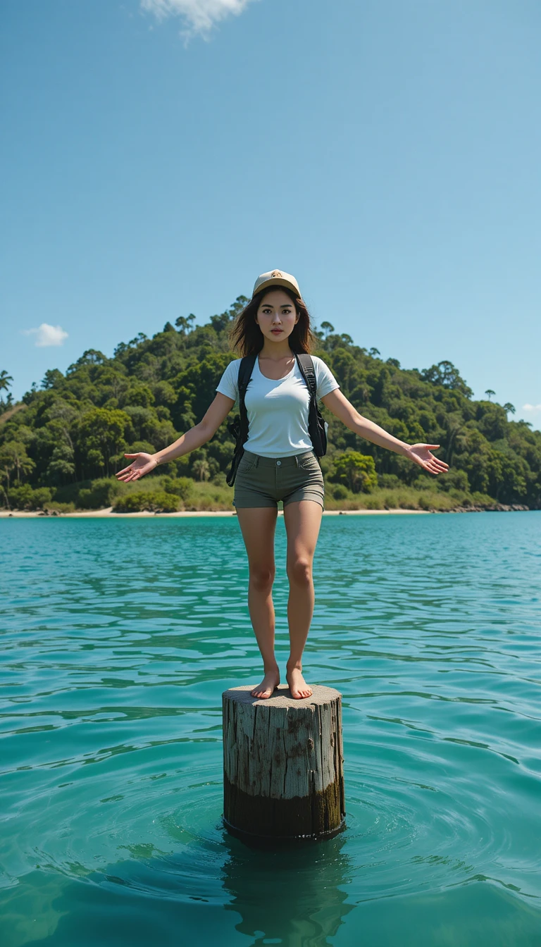 女子站在木樁上平衡，腳下是碧綠海水