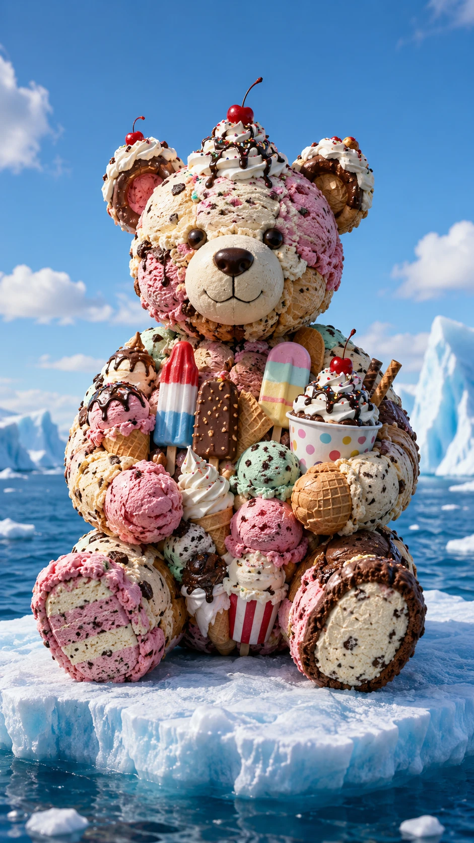 Verspielter Eiscreme-Bär auf einer Eisscholle im Ozean