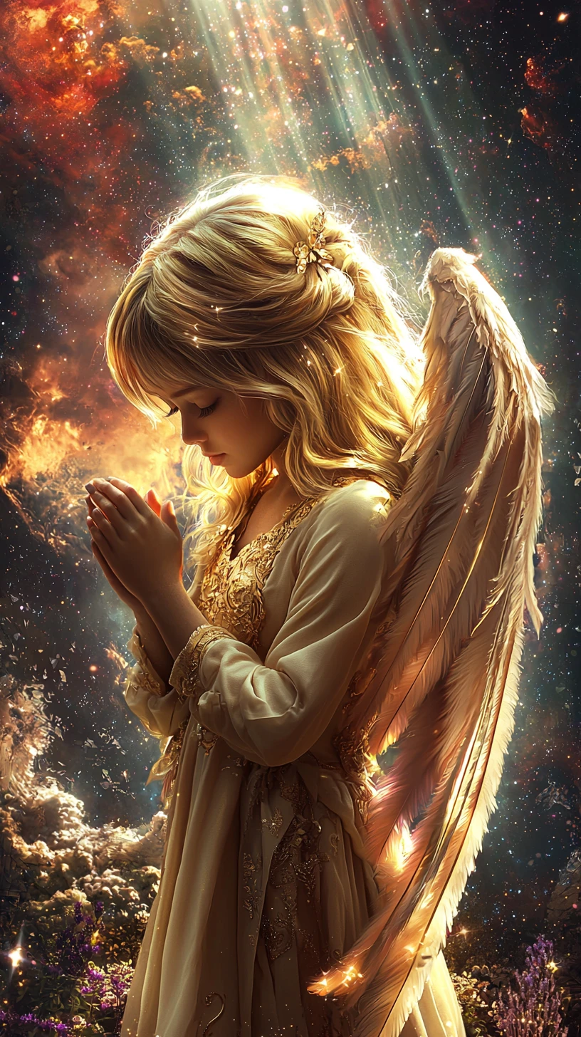 Mulher angelical etérea com asas brilhantes na luz celestial