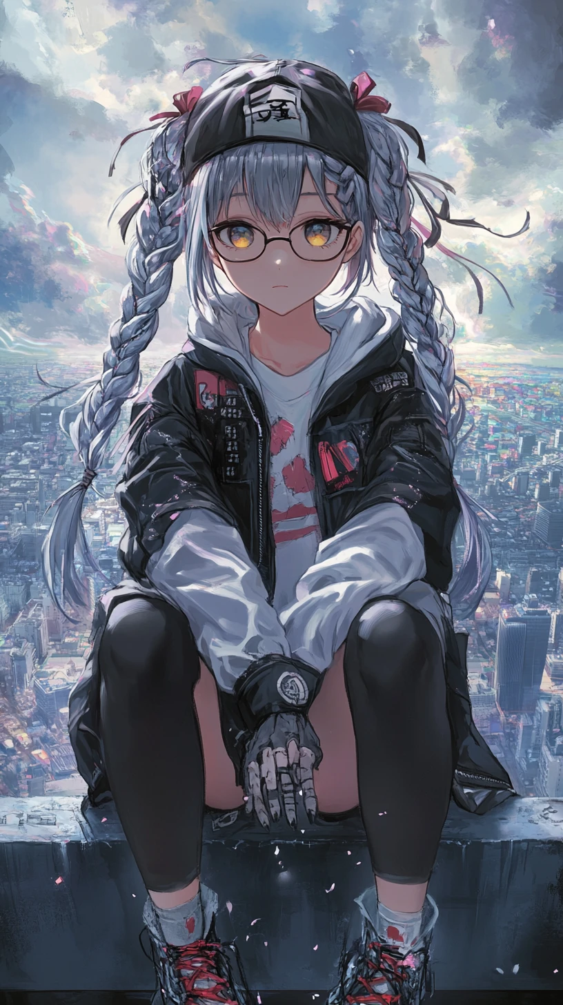 Garota de anime em uma ponte observando uma cidade fantástica ao amanhecer