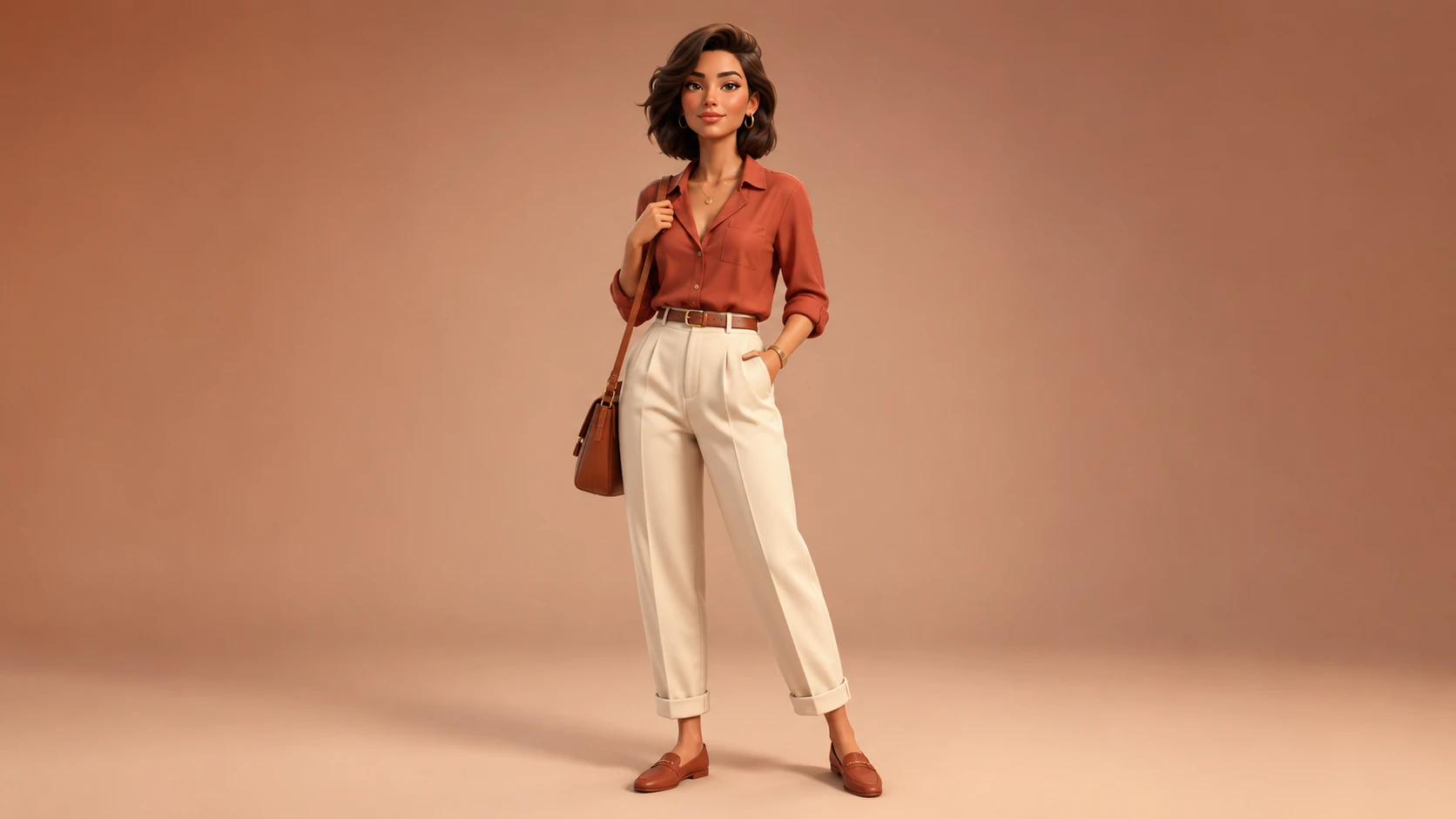 Stilisierte 3D-Frau in warmer Smart-Casual-Studio-Szene
