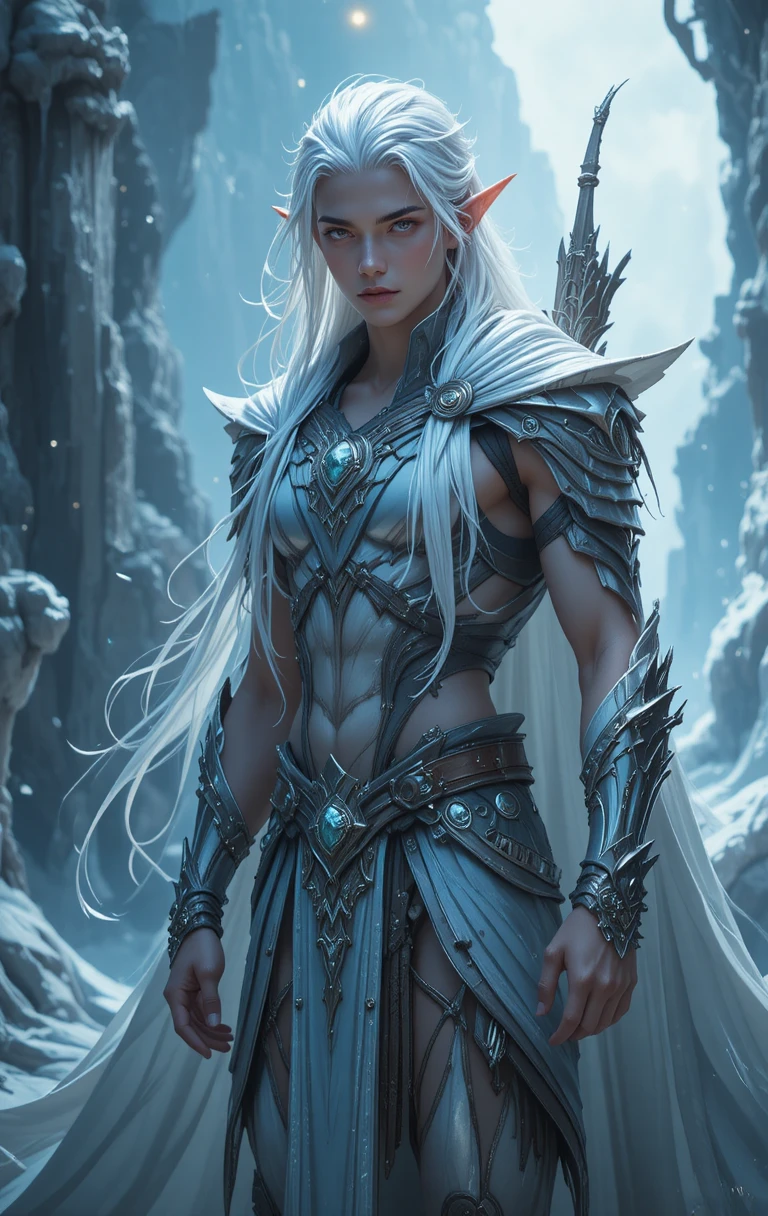 Archer elfe aux cheveux blancs et aux yeux violets en armure
