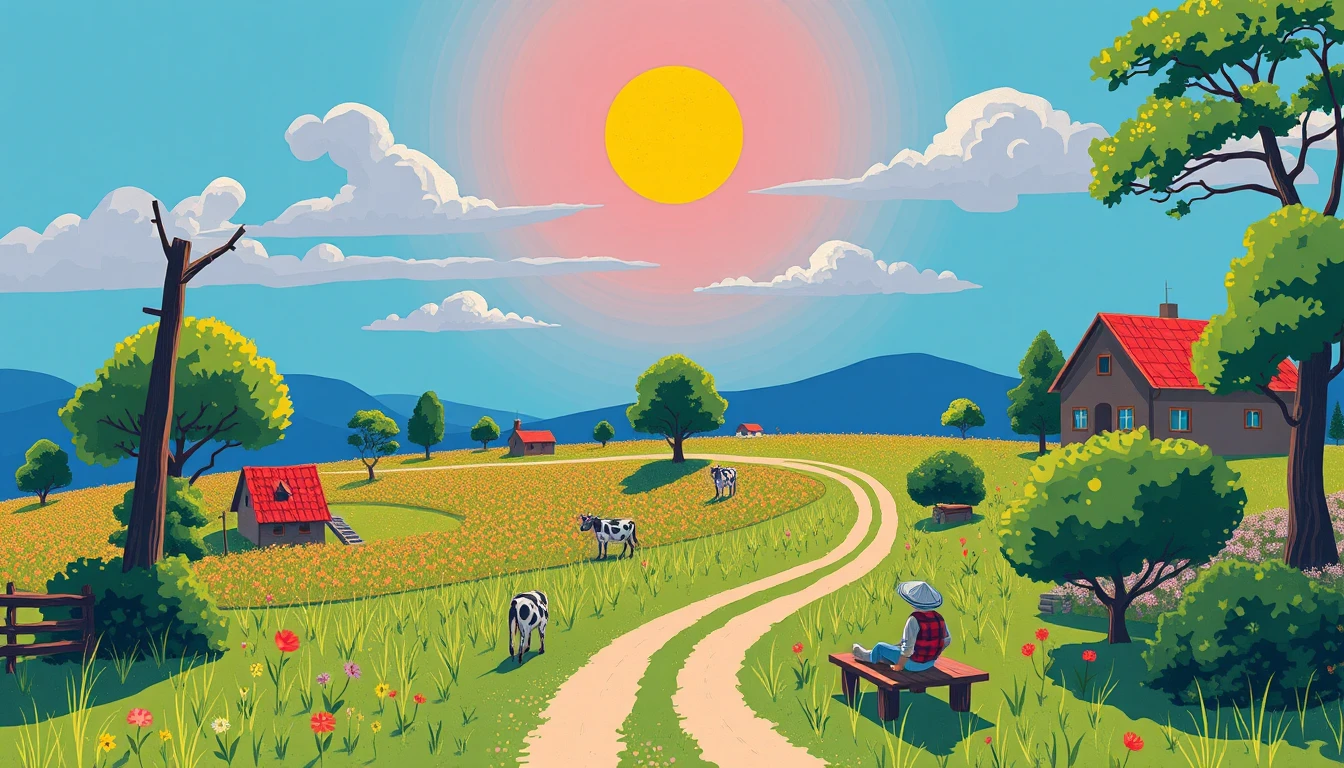 Bunte Sommerlandschaft mit verspielten Nutztieren