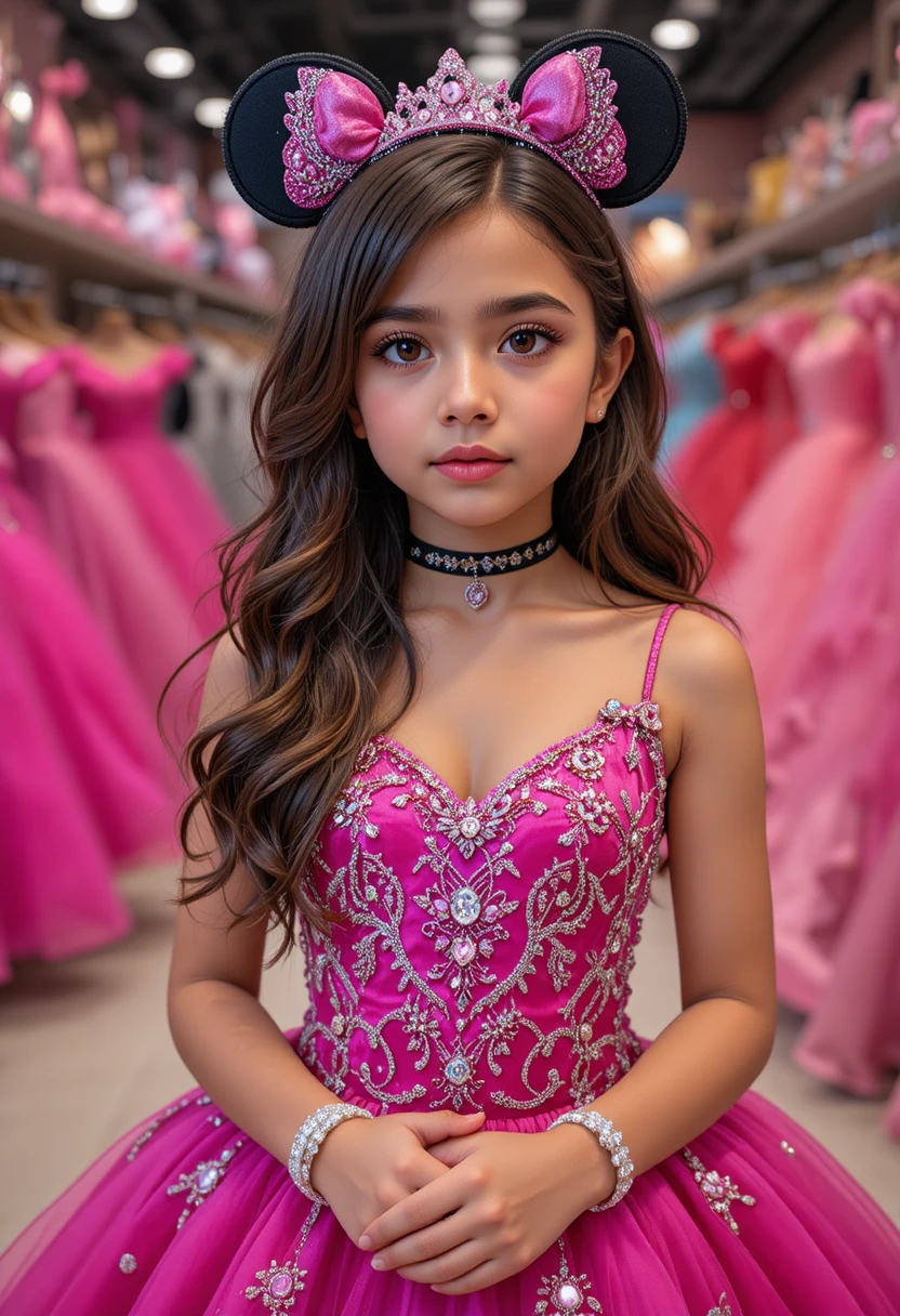 Menina hispânica com vestido Minnie rosa‑choque em loja de vestidos