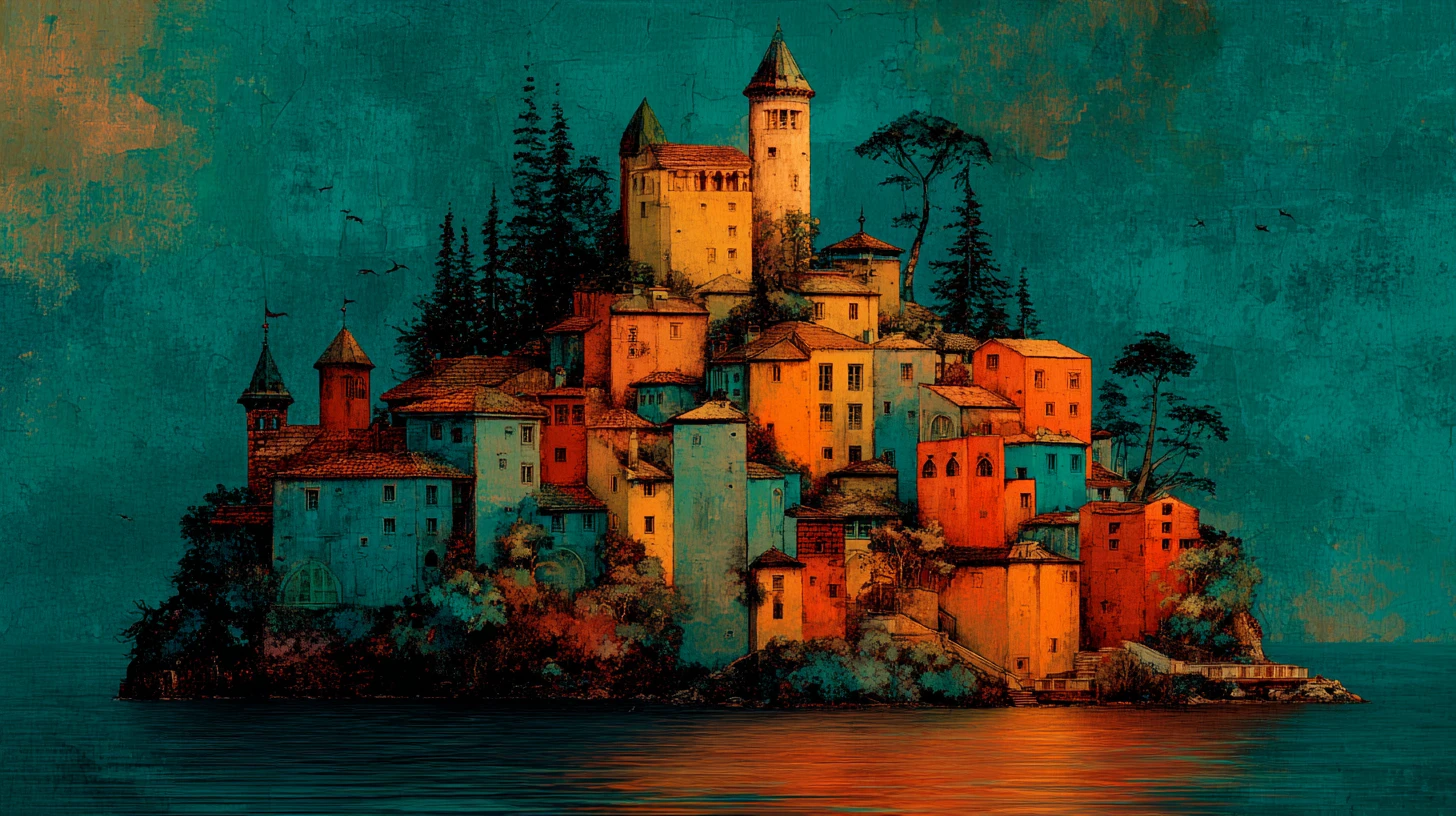 Ilha de fantasia surreal coroada por um castelo encantado luminoso