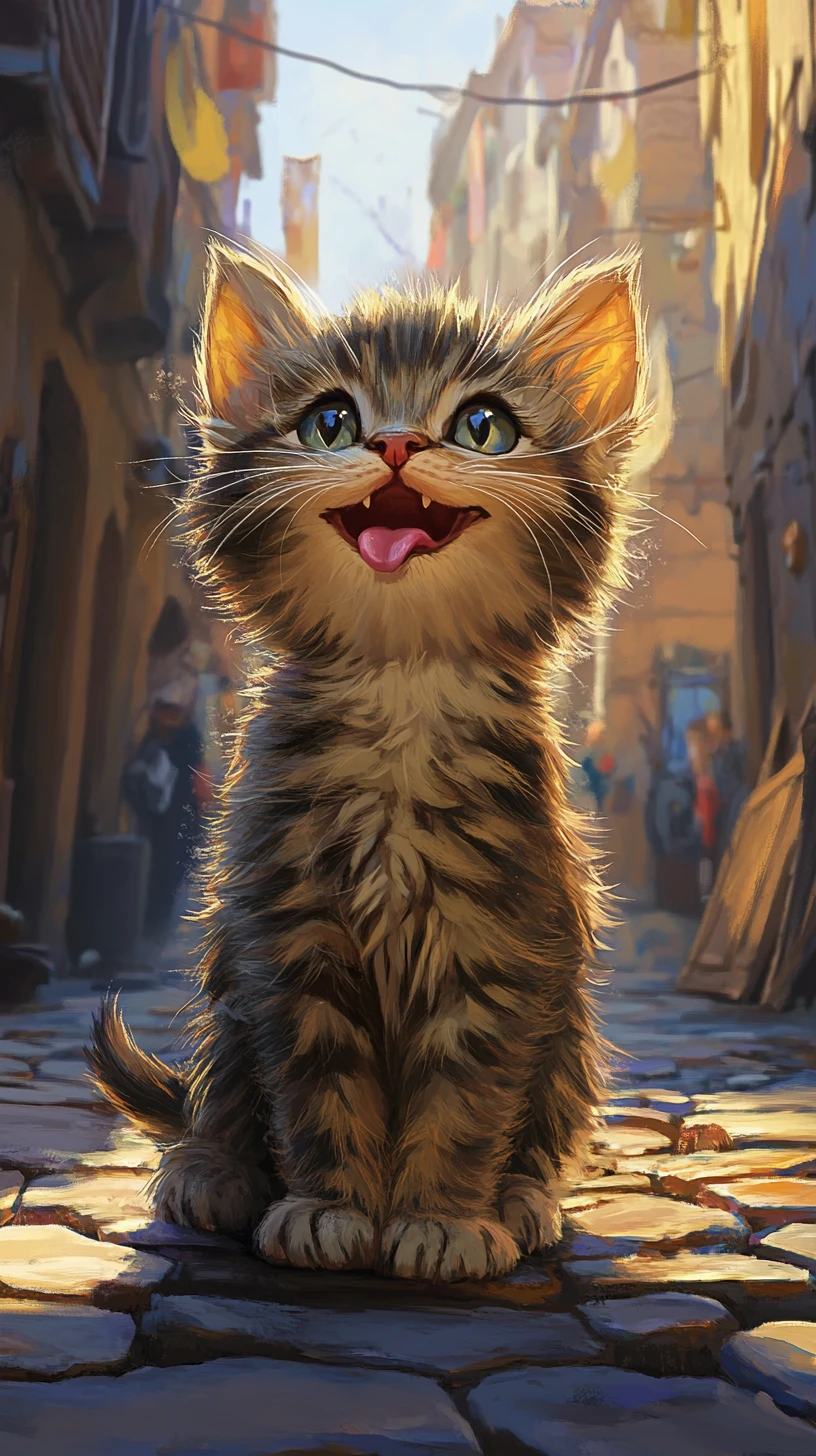 Alegre gatito de dibujos animados pidiendo en una cálida calle adoquinada