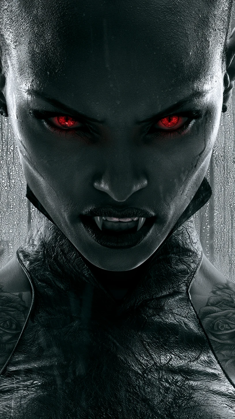 Vampira en Primer Plano con Ojos Rojos y Colmillos