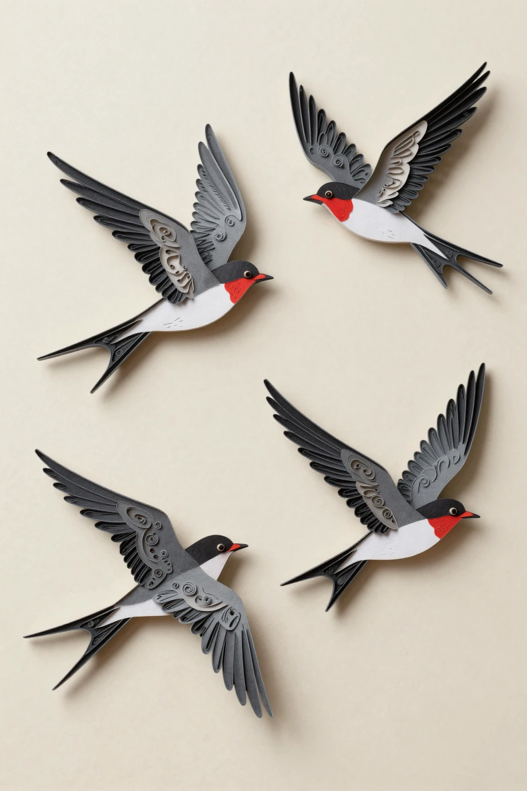 Rondini di carta in volo formate da eleganti volute di quilling