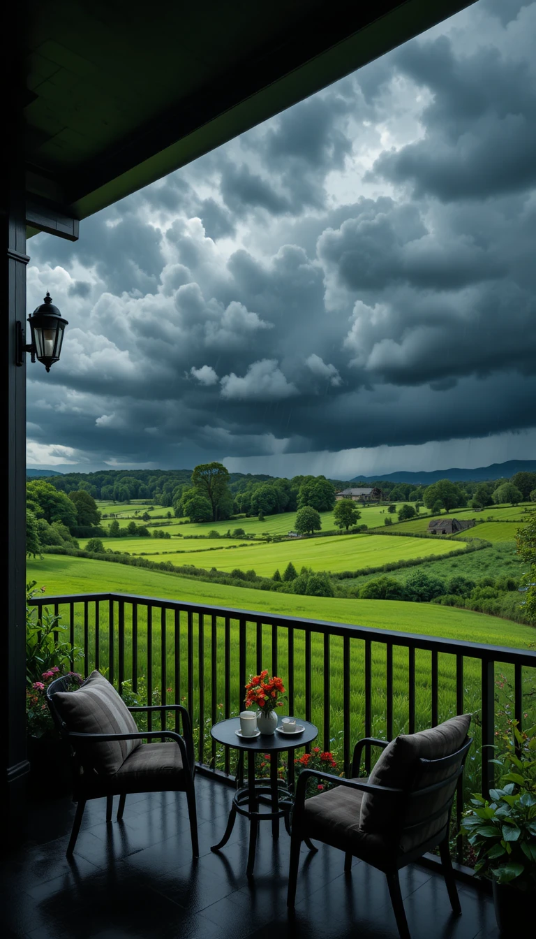 Überdachter Balkon mit Blick auf grünes Umland unter Gewitterwolken