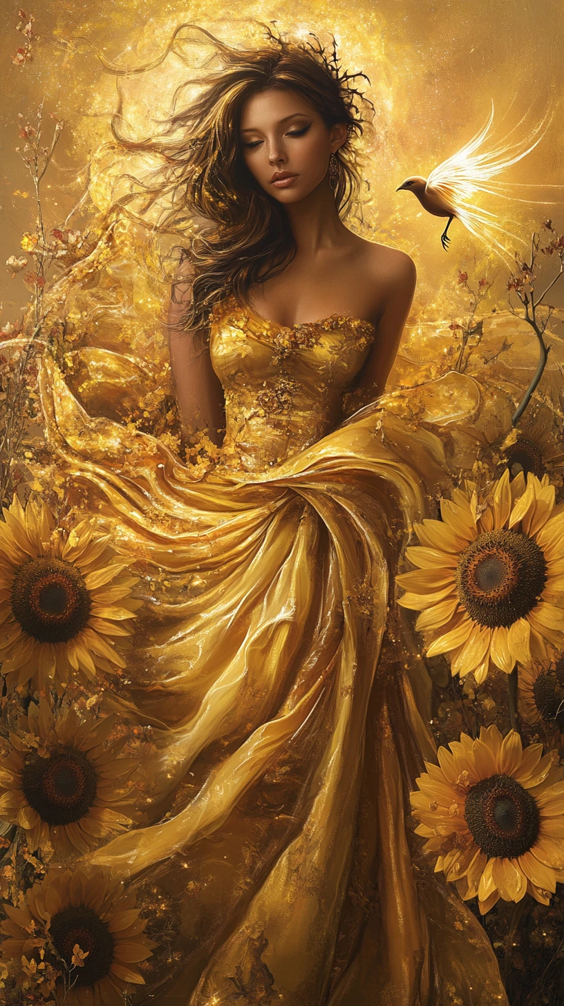 Woman in golden gown entwined with radiant sunflowers