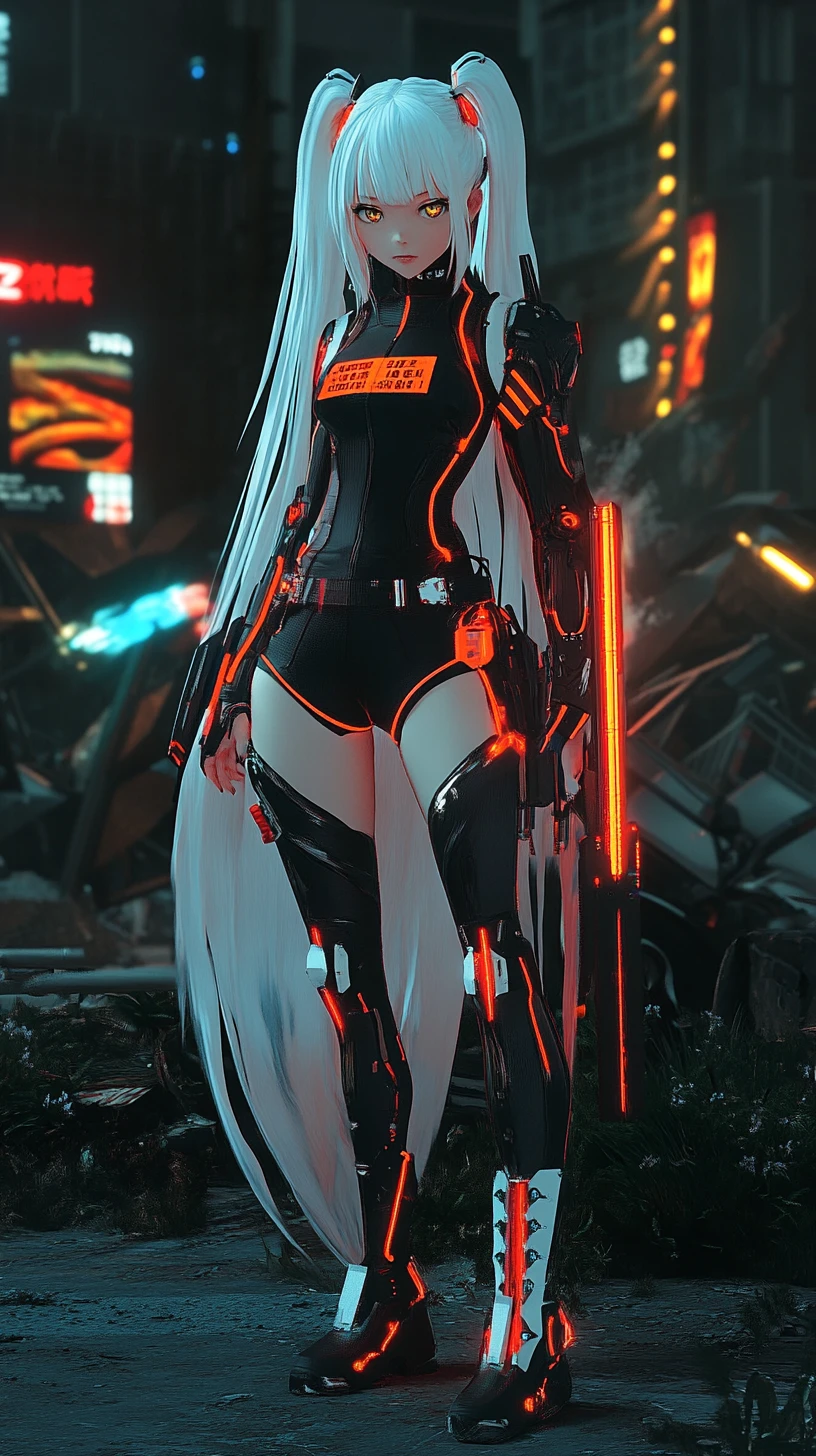Garota de anime blindada com capa neon brilhante à noite