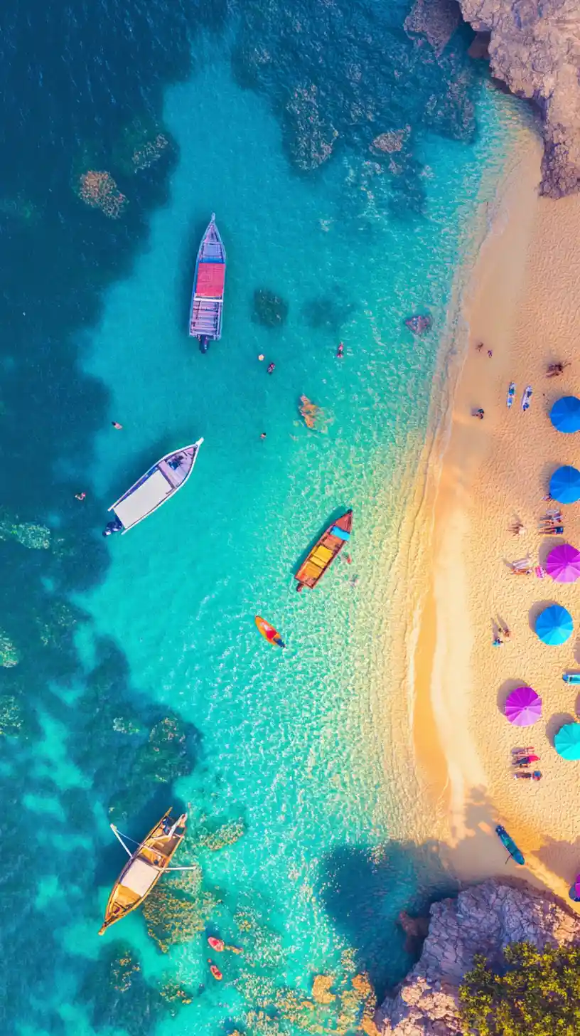 Aerial view of a tropical beach with turquoise sea