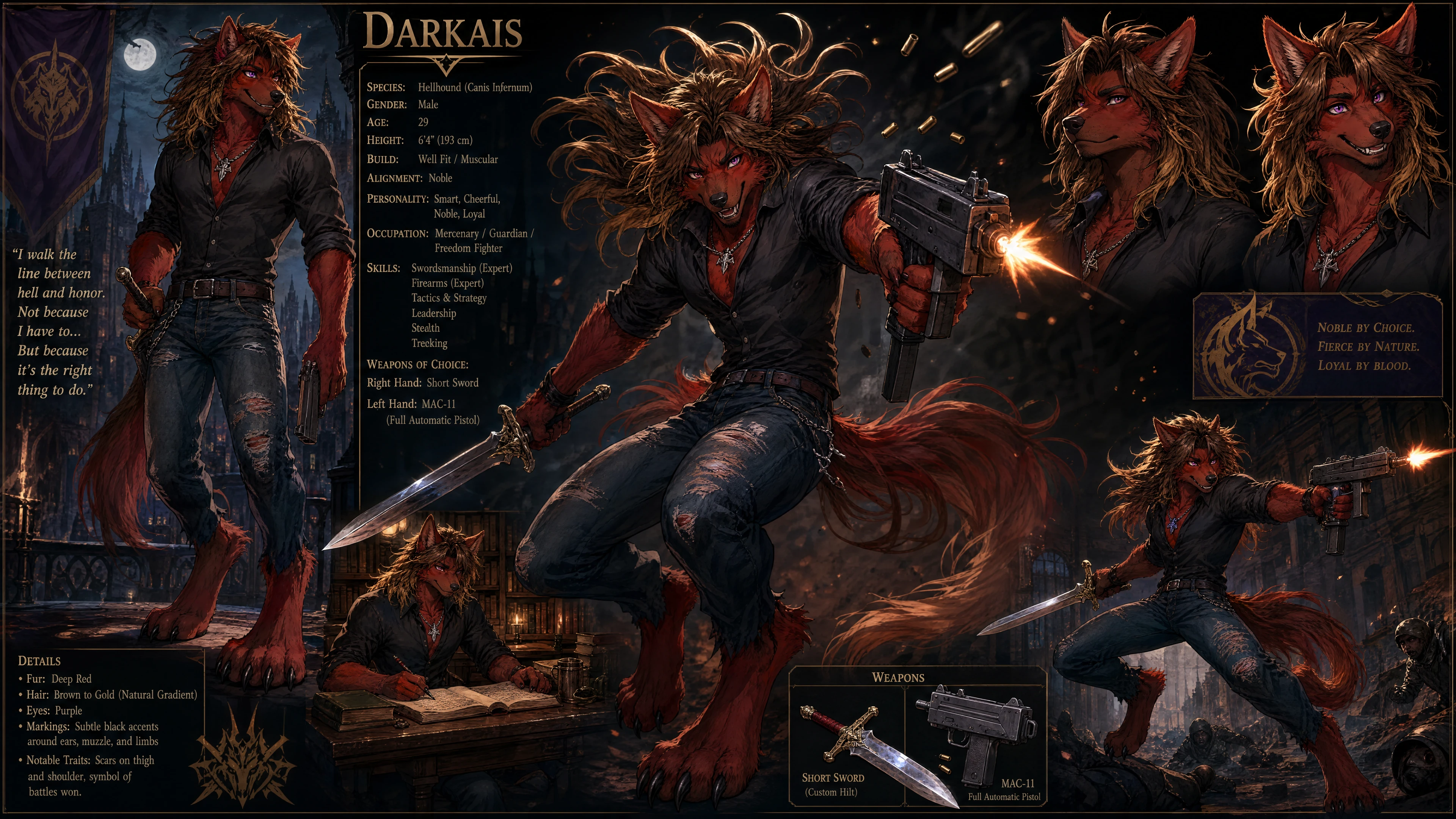 Cheerful anthro hellhound warrior with sword and pistol