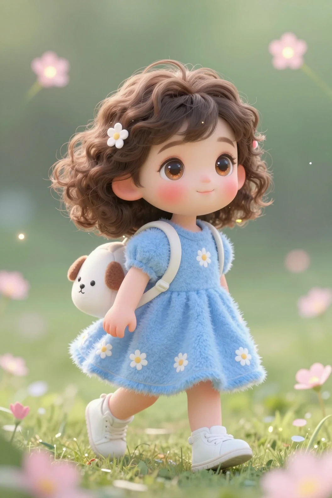 Garota fofa caminhando com filhote em jardim pastel dos sonhos