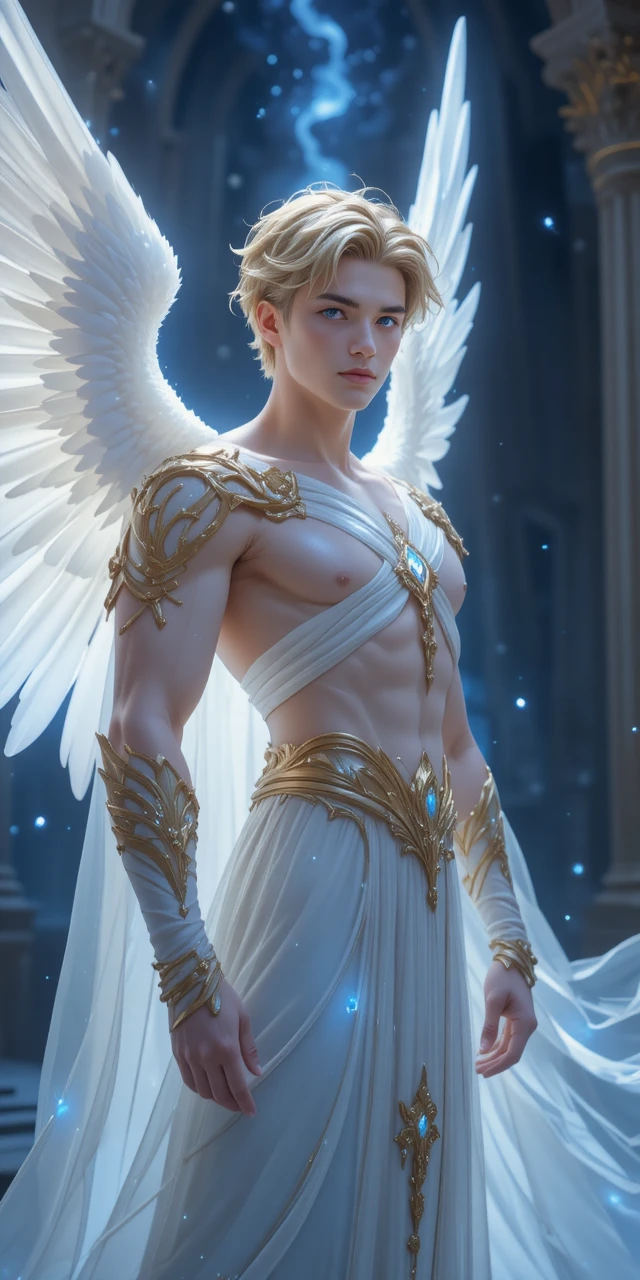 Principe angelico sereno con ali luminose in stile anime
