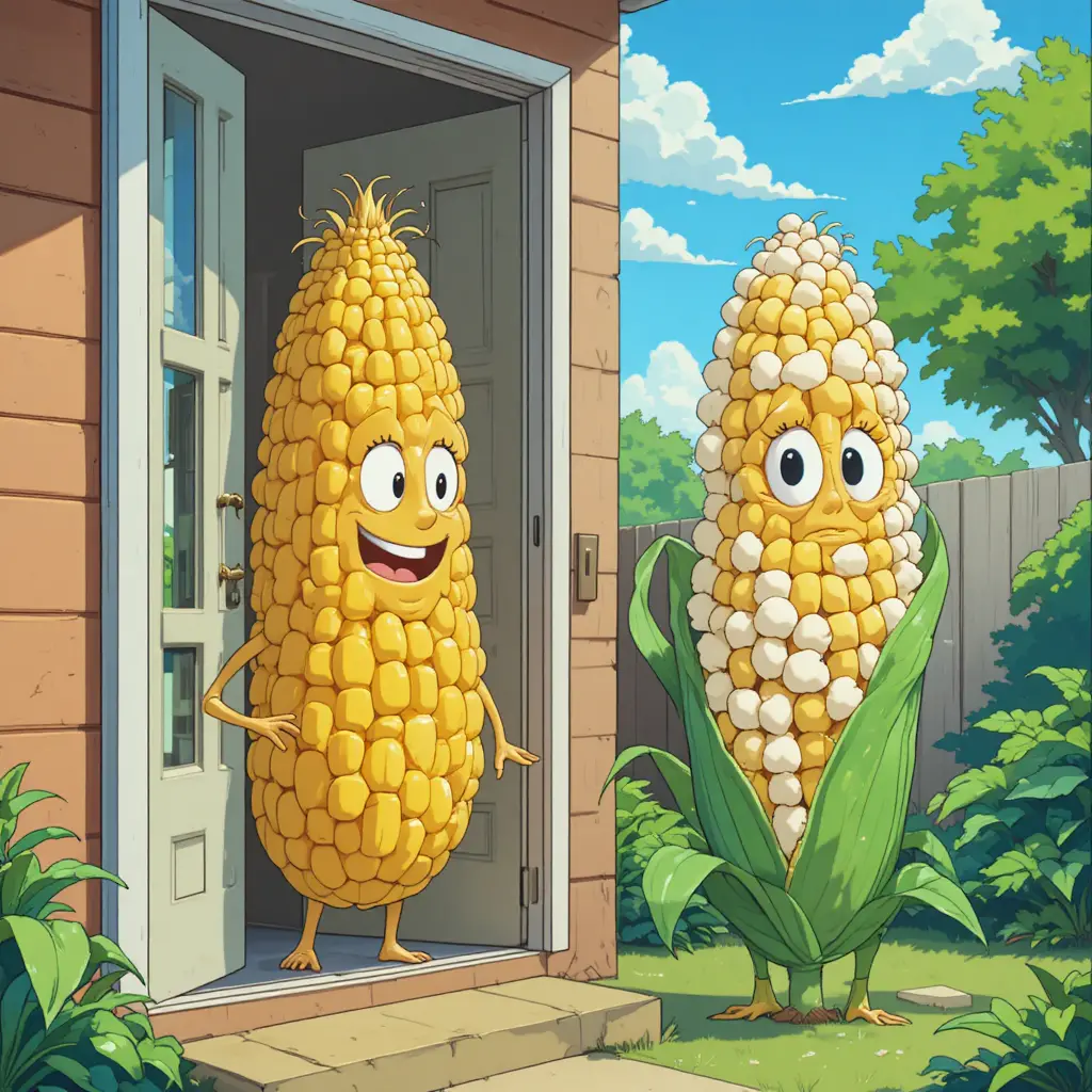 Smiling Cartoon Corn Enjoying Cool Air Inside A House