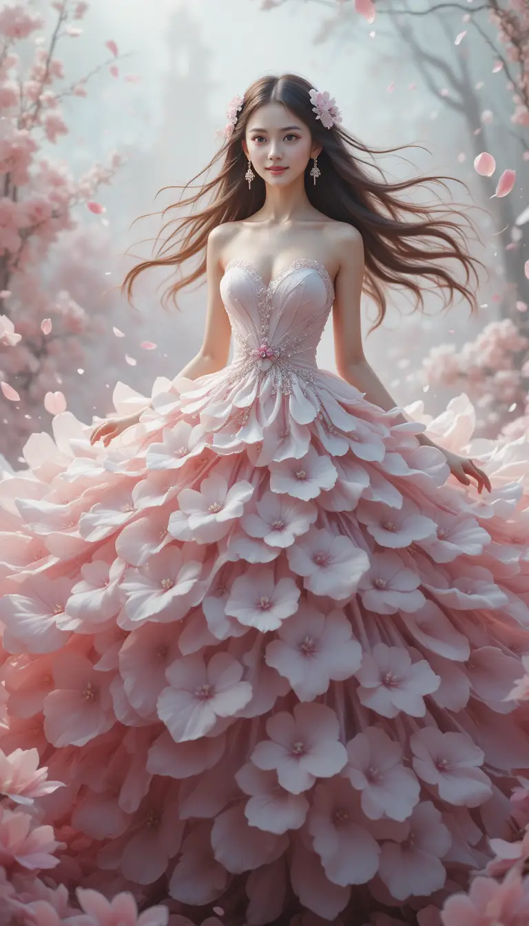 Elegante Frau in fließendem Blumenkleid aus Blütenblättern