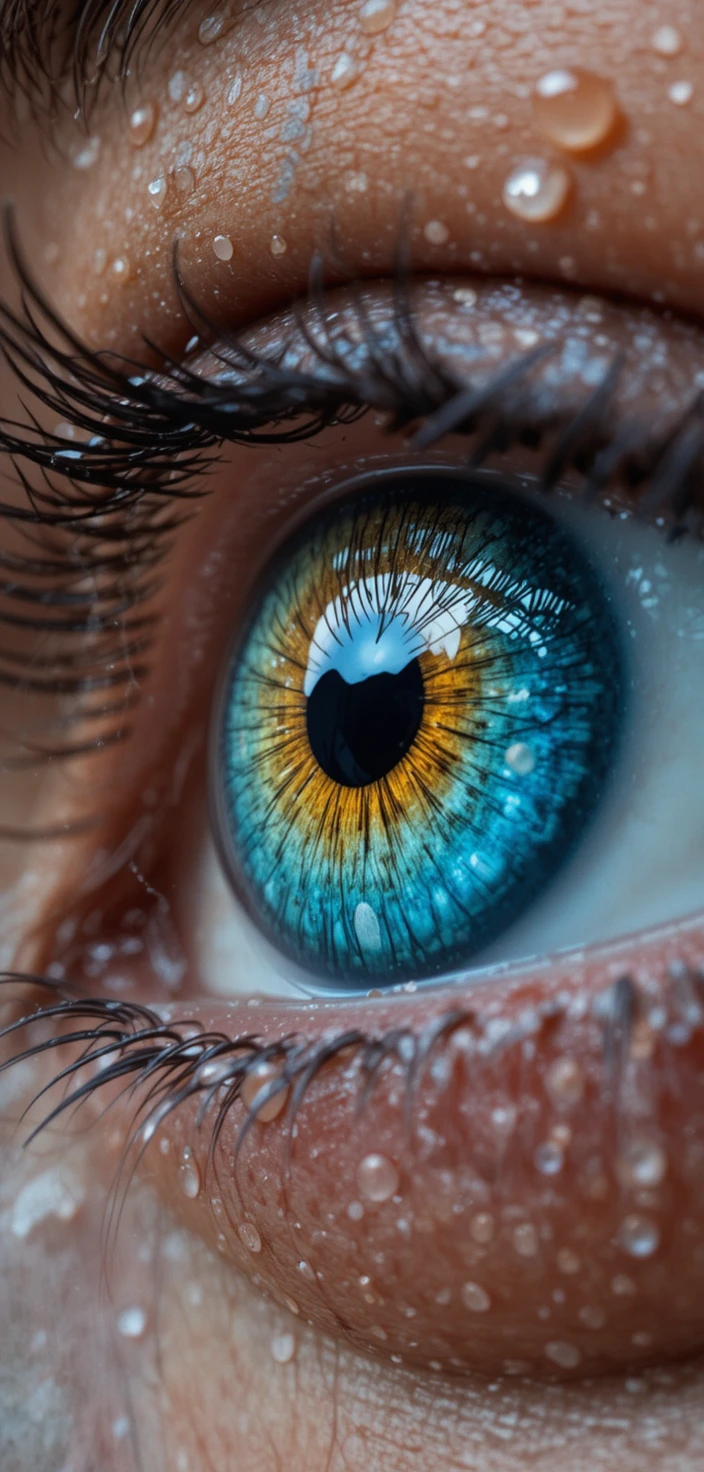 Extremes Close-up eines farbenfrohen menschlichen Auges mit Wassertropfen
