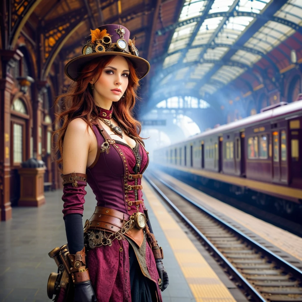 Dangerous steampunk woman standing in a busy train station
