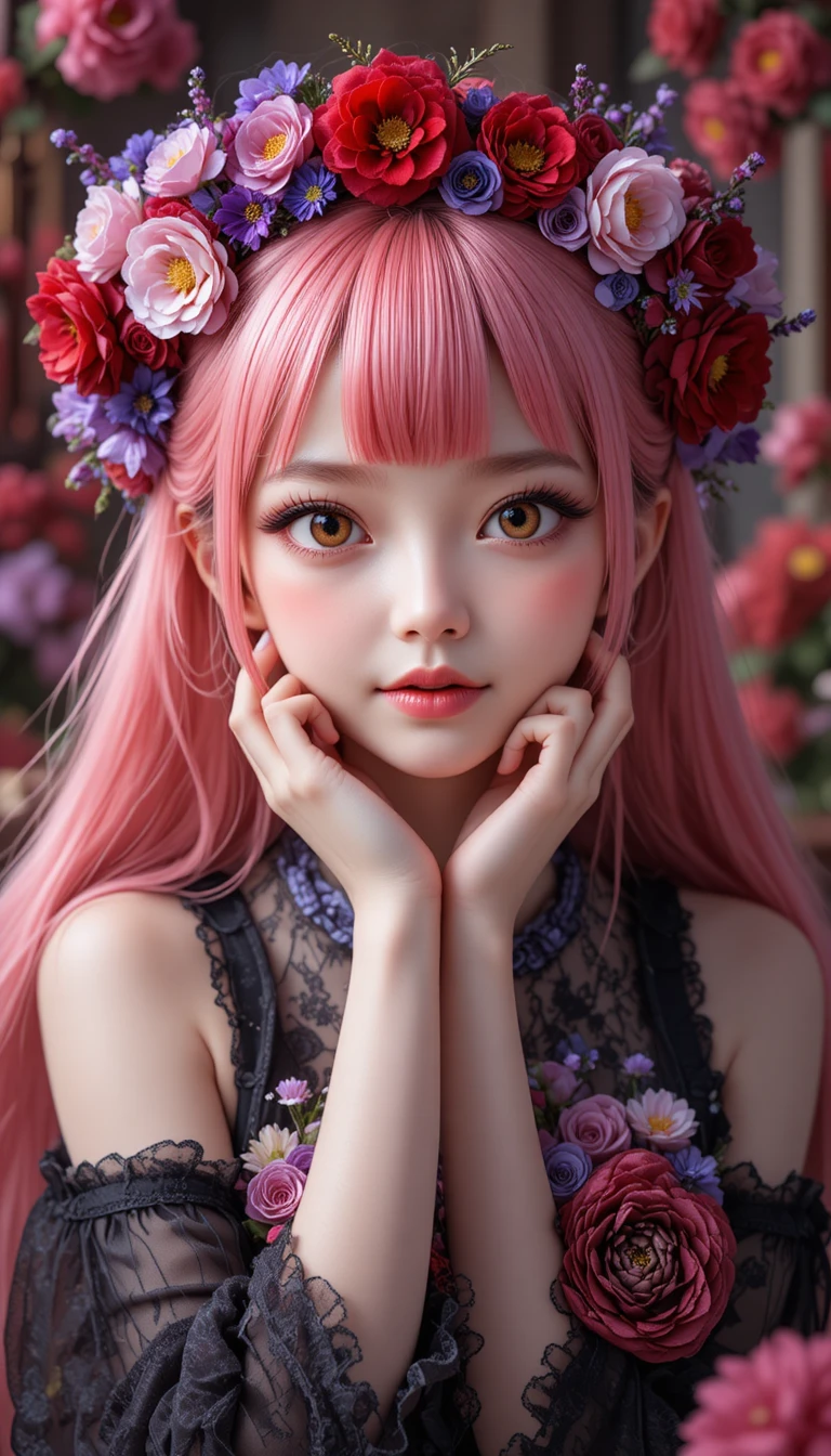 Fille japonaise gothique aux cheveux roses avec couronne de fleurs