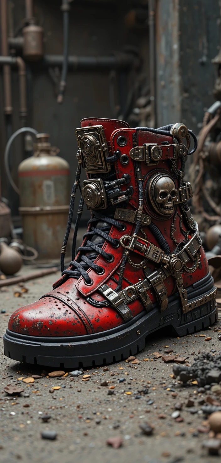 Sneaker tattica rossa e nera con teschio e dettagli metallici