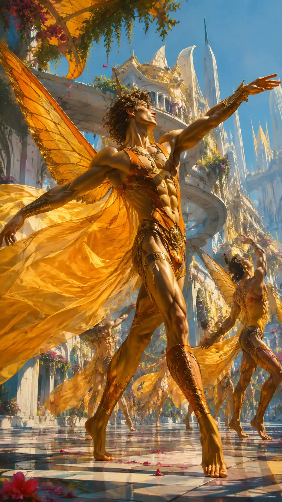 Joyful fantasy men dancing in vibrant digital illustration