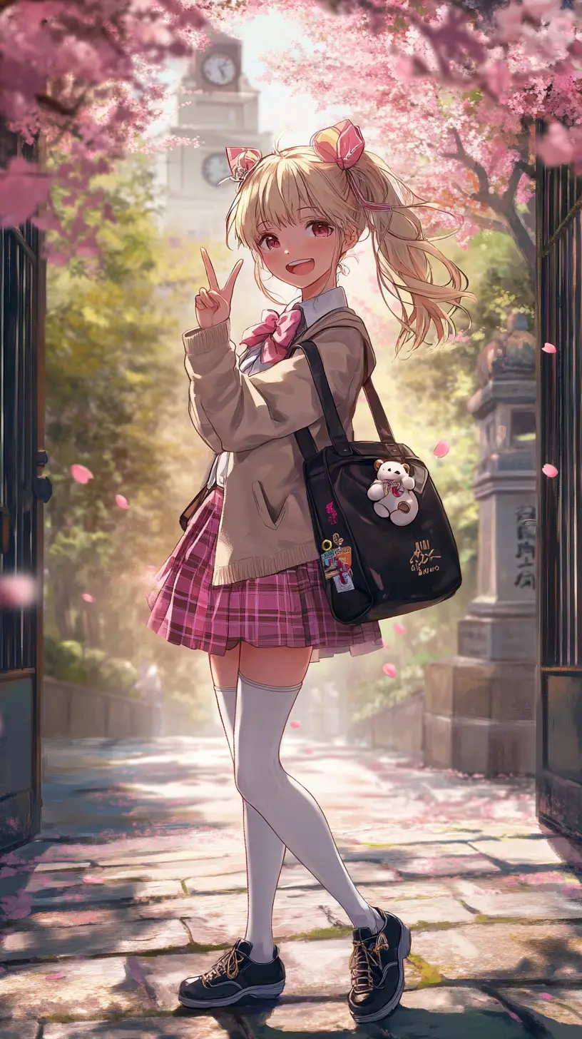 Allegra studentessa delle superiori in stile anime sotto i ciliegi in fiore