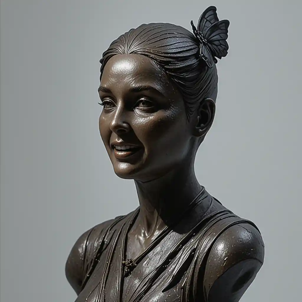 Bronze bust of an older woman in suit and bow tie