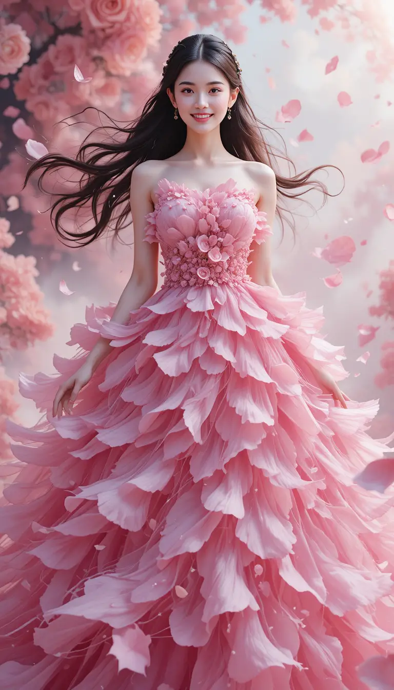 Elegante Frau in rosa Blumenkleid, umhüllt von Blütenblättern