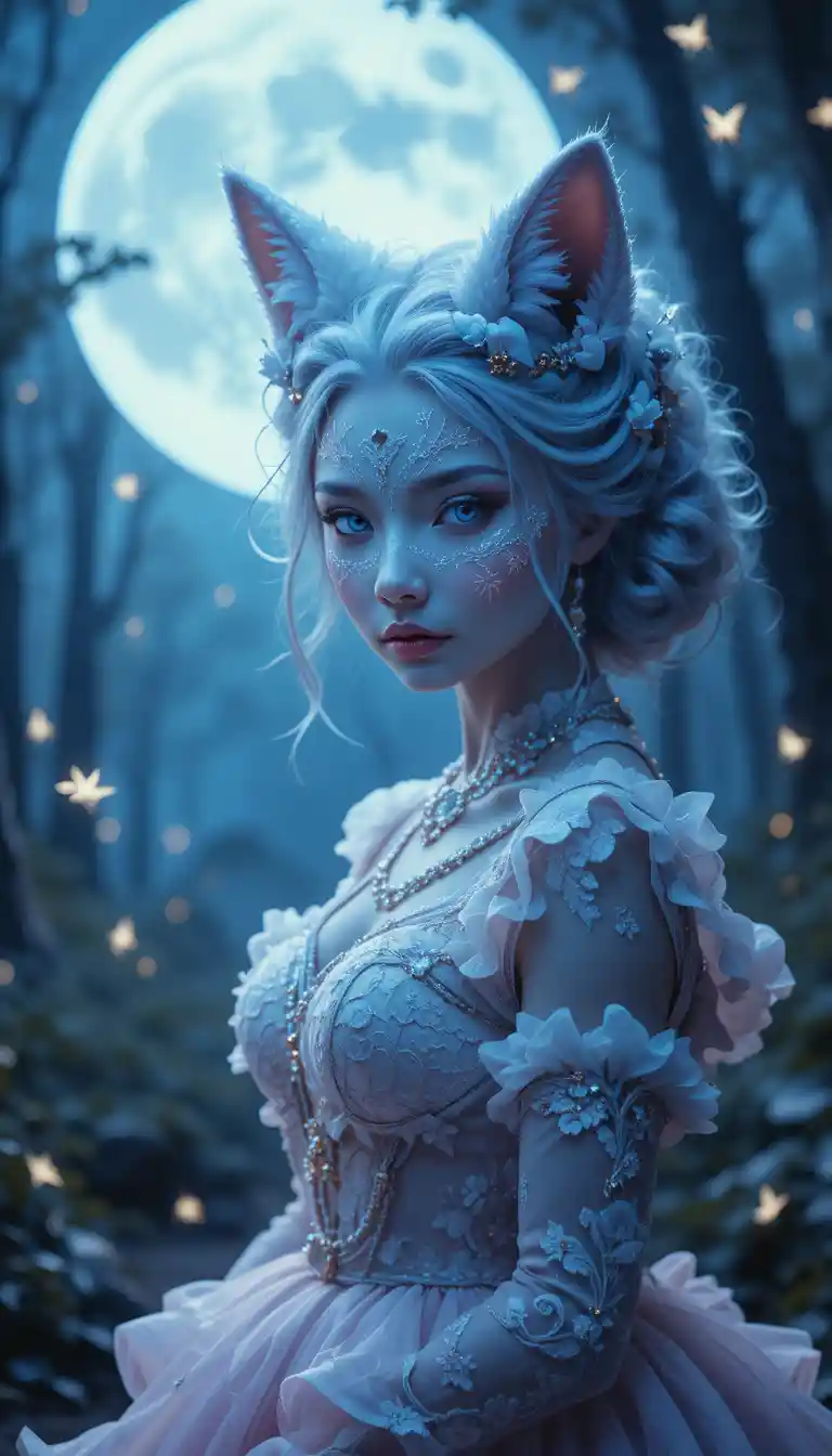 Chica gótica lolita en bosque a la luz de la luna con luciérnagas