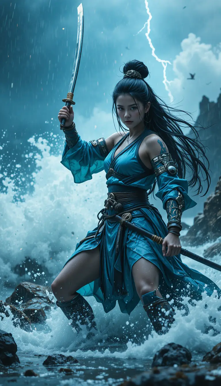 Samurái femenina frente a olas de tormenta con la katana en alto