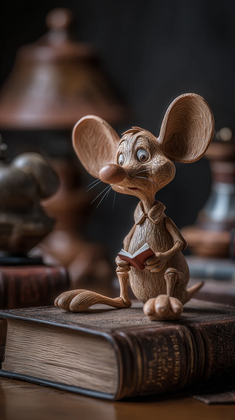 Holzmaus-Figur liest ein Buch auf dem Schreibtisch
