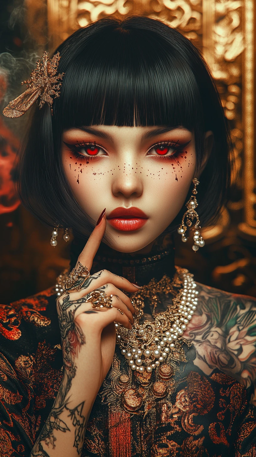 身著華麗黑紅服飾的優雅動漫女子