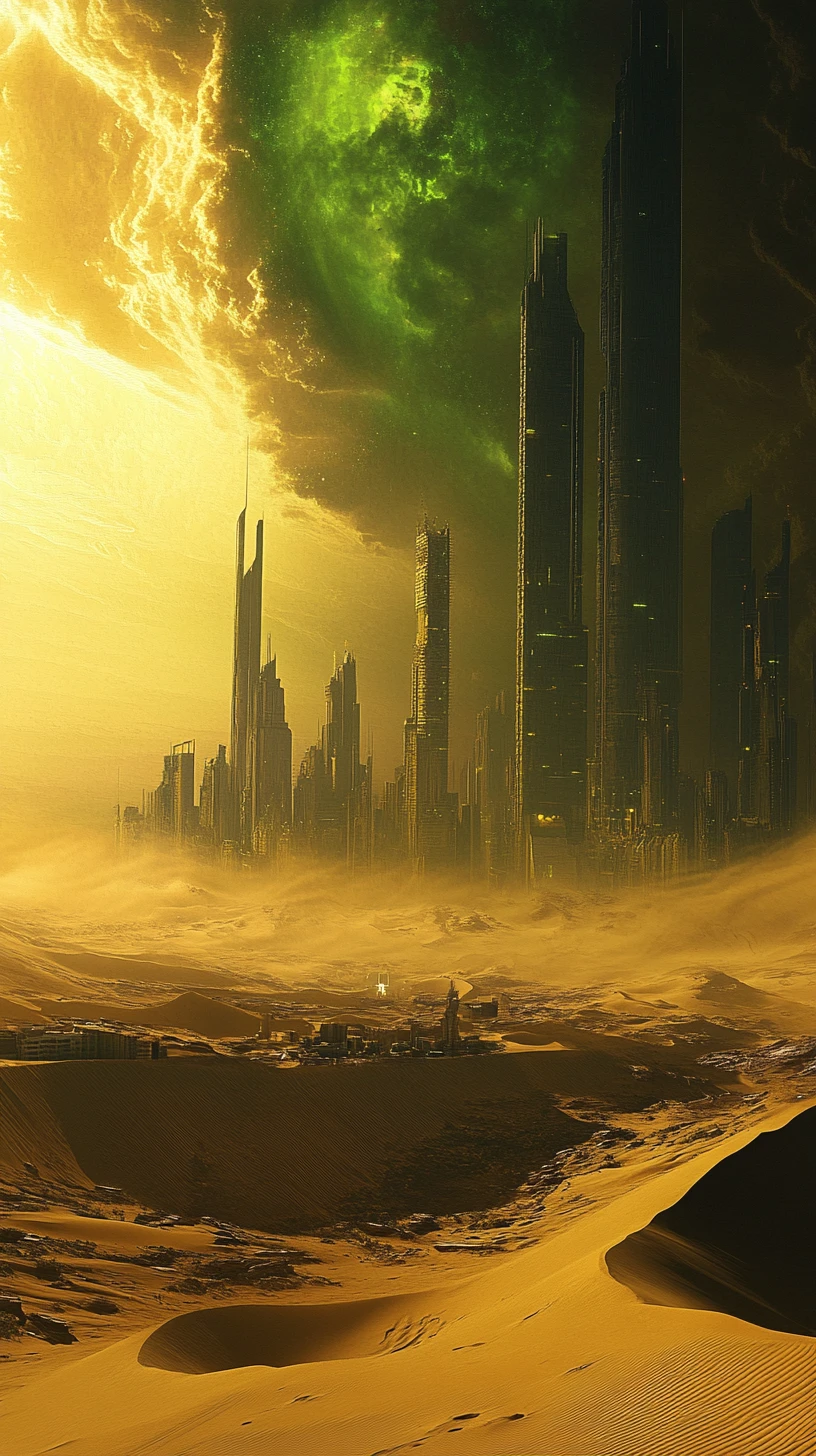 Panoramische Wüstendünen, die in eine moderne Skyline übergehen