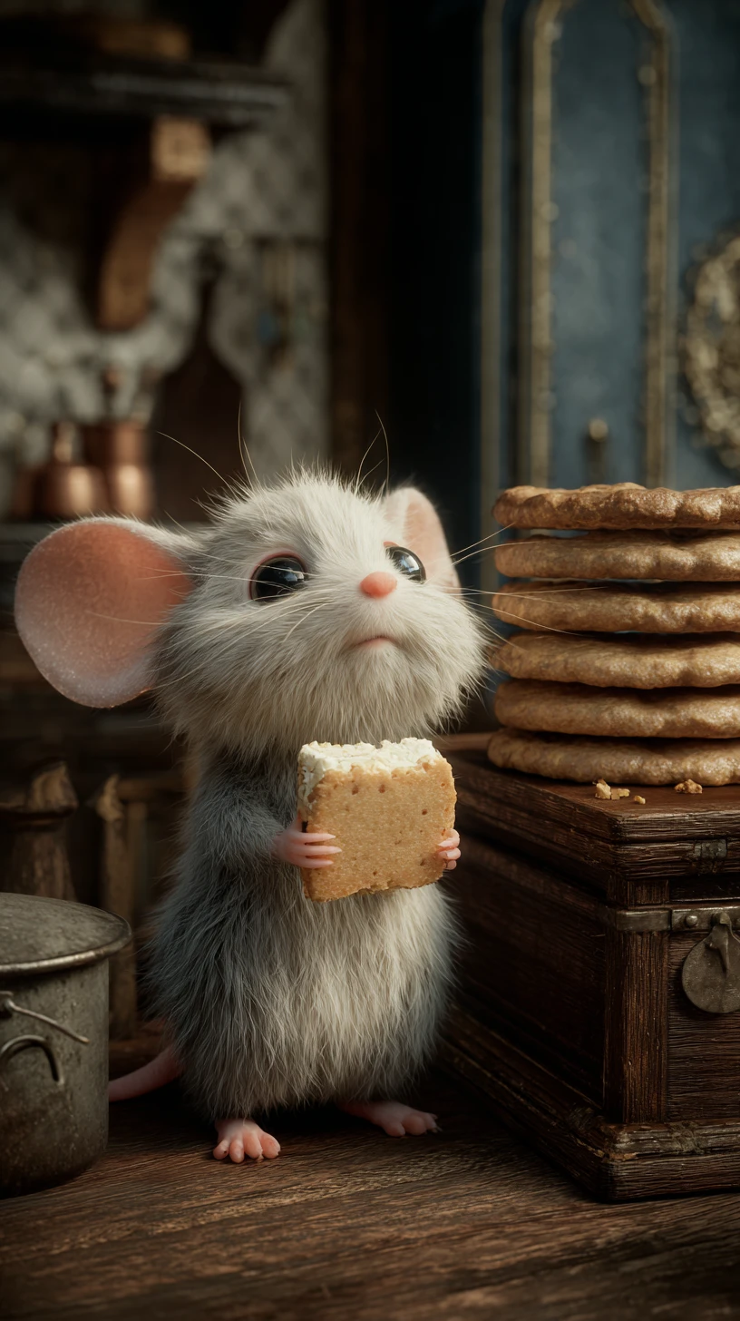 Adorable ratoncito robando una galleta en una cocina antigua