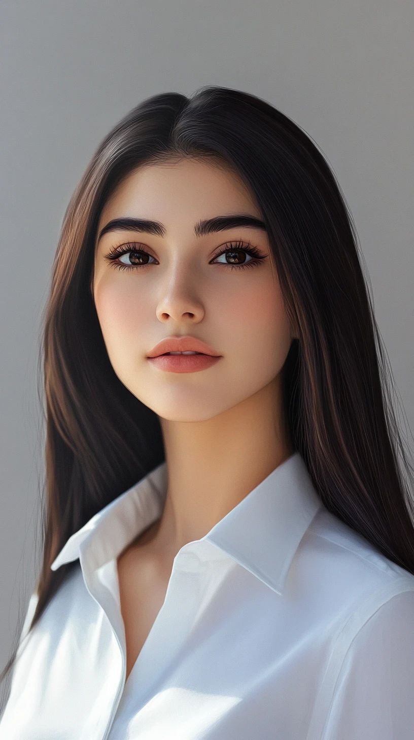 Ritratto digitale calmo di una giovane donna con camicia bianca