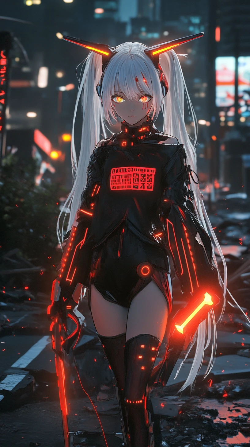 Ragazza anime corazzata con spada futuristica brillante nella notte