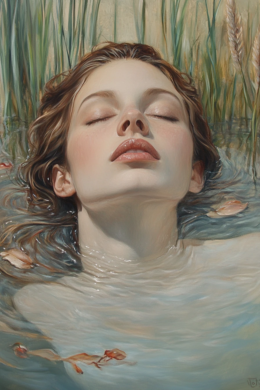 Femme sereine flottant à la surface d’un lac baigné de soleil