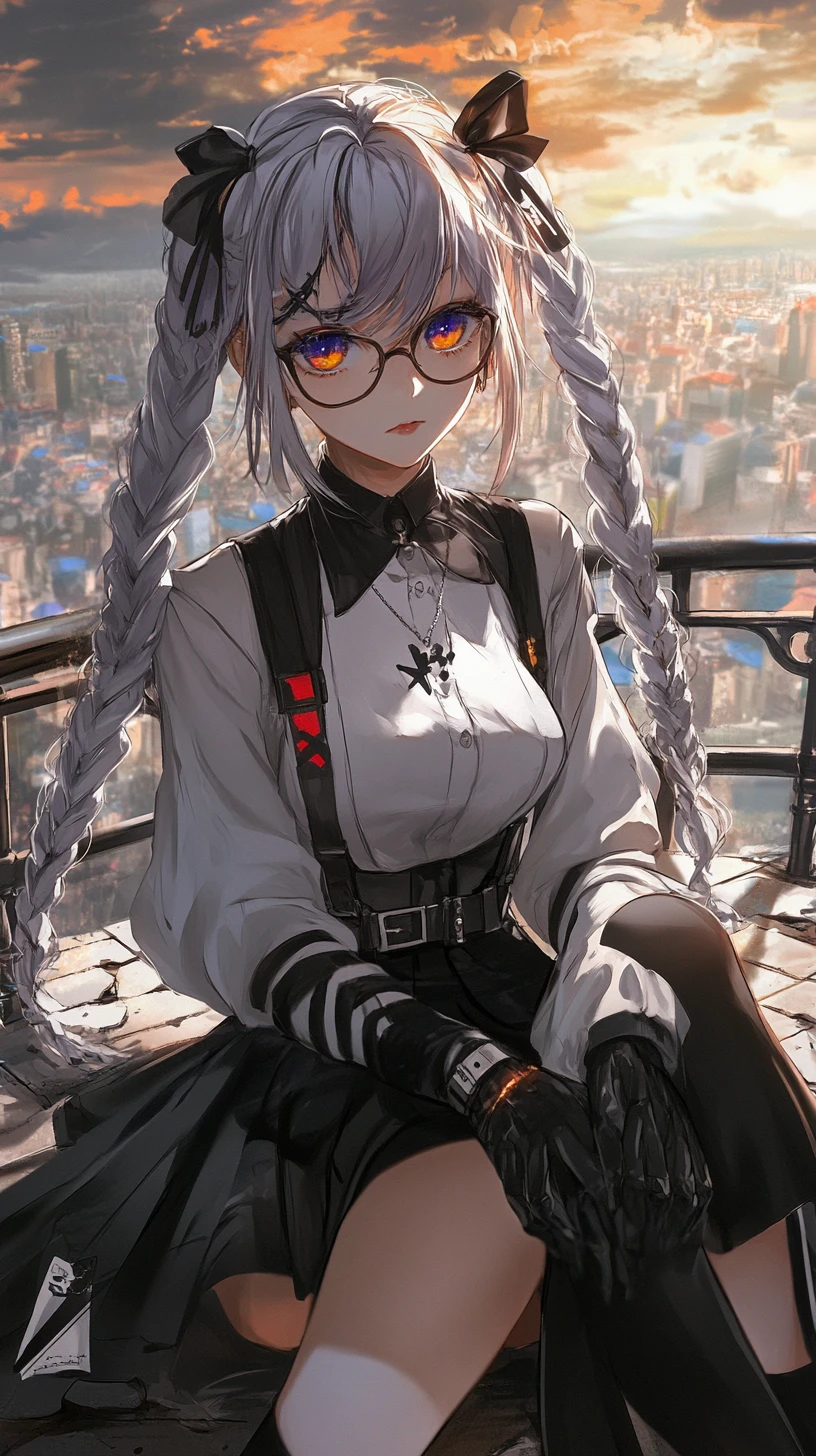 橋上凝望黎明幻想城市的動漫少女